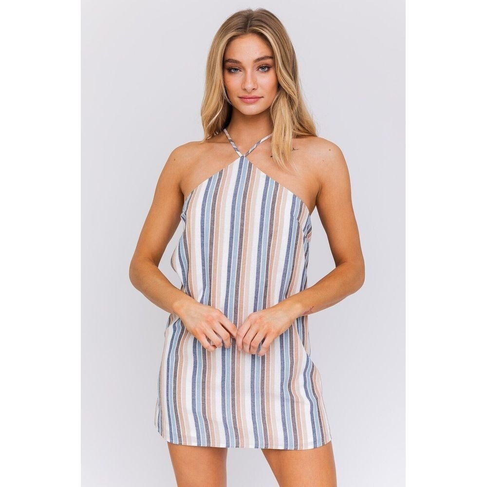 Le Lis Cassidy Stripe Halter Neck Dress Size Small Blue Taupe NWT